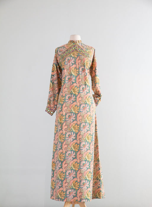 Iconic 1970's Block Print Kaftan Made In Pakistan For I.Magnin With Pockets / M