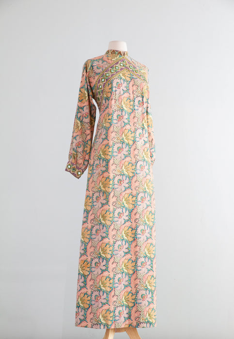 Iconic 1970's Block Print Kaftan Made In Pakistan For I.Magnin With Pockets / M