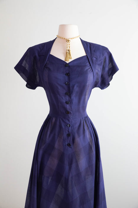 Classic Early 1950's Navy Blue Gingham Pattern Cotton Voile Day Dress / M