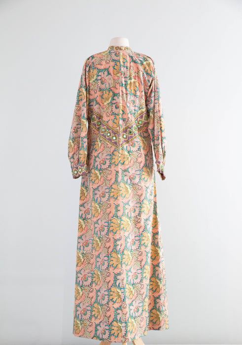 Iconic 1970's Block Print Kaftan Made In Pakistan For I.Magnin With Pockets / M