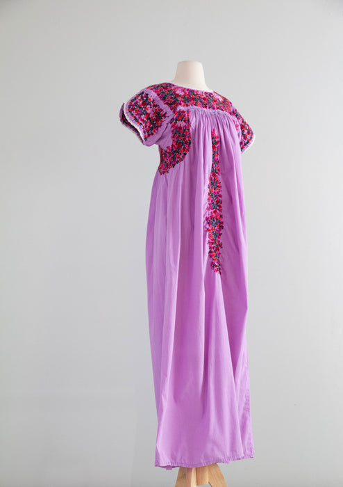 Beautiful 1970's Lavender Hand Embroidered Mexican Huipil Style Cotton Summer Dress / ML