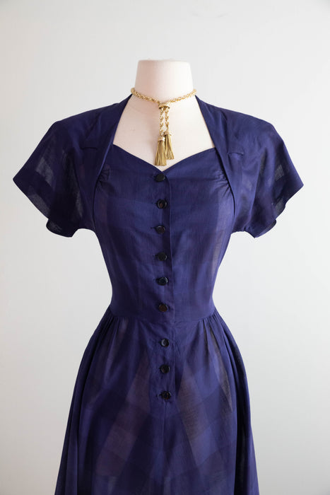 Classic Early 1950's Navy Blue Gingham Pattern Cotton Voile Day Dress / M
