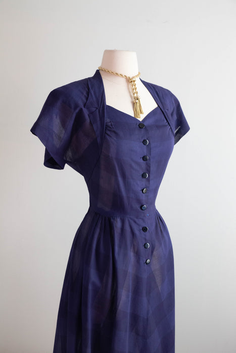 Classic Early 1950's Navy Blue Gingham Pattern Cotton Voile Day Dress / M