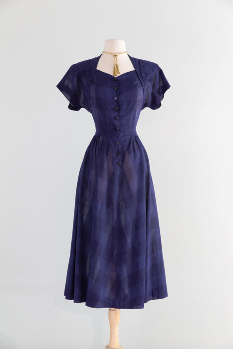 Classic Early 1950's Navy Blue Gingham Pattern Cotton Voile Day Dress / M
