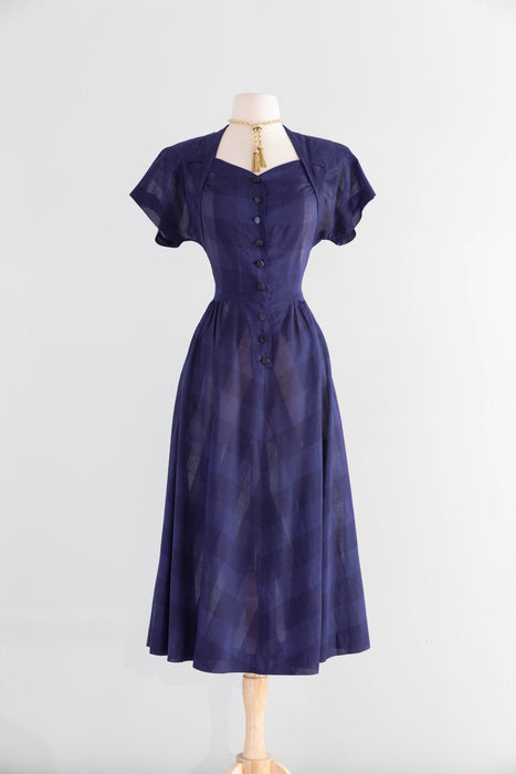 Classic Early 1950's Navy Blue Gingham Pattern Cotton Voile Day Dress / M