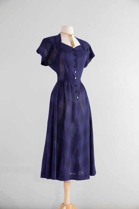 Classic Early 1950's Navy Blue Gingham Pattern Cotton Voile Day Dress / M