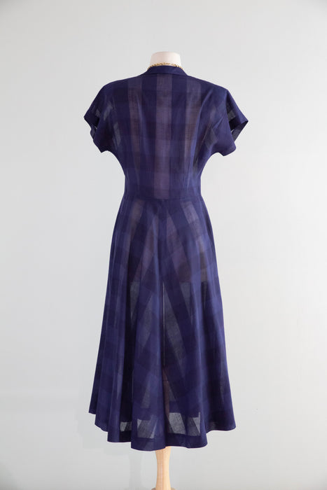 Classic Early 1950's Navy Blue Gingham Pattern Cotton Voile Day Dress / M