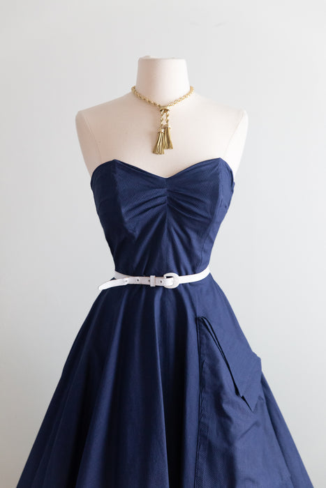 Fabulous 1950's Navy Blue Strapless Cotton Pique Sundress With Pockets / S
