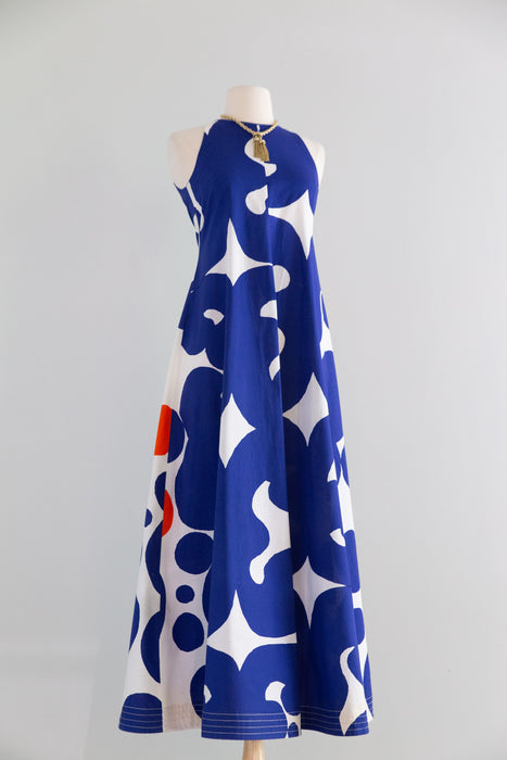 Iconic 1966 Keidas Oasis Print Maxi Dress By Marimekko In Blue & Orange / Small