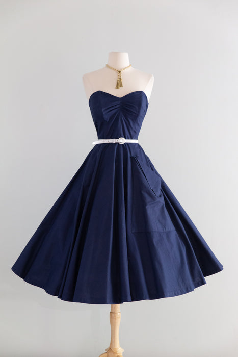 Fabulous 1950's Navy Blue Strapless Cotton Pique Sundress With Pockets / S