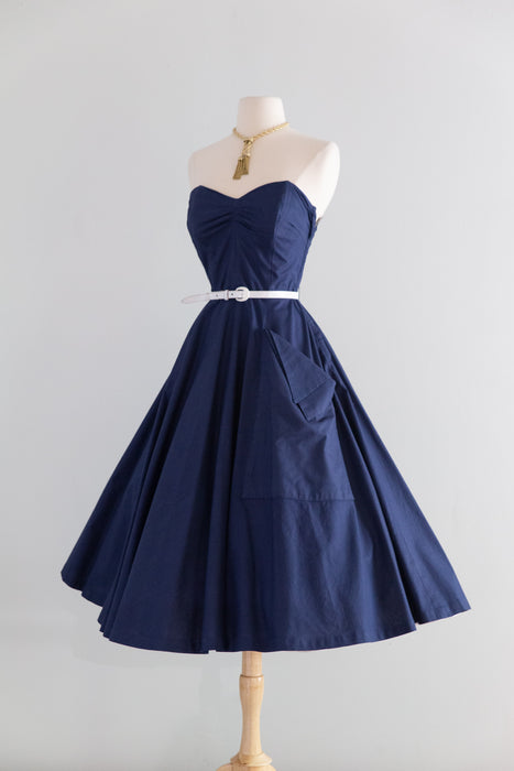 Fabulous 1950's Navy Blue Strapless Cotton Pique Sundress With Pockets / S