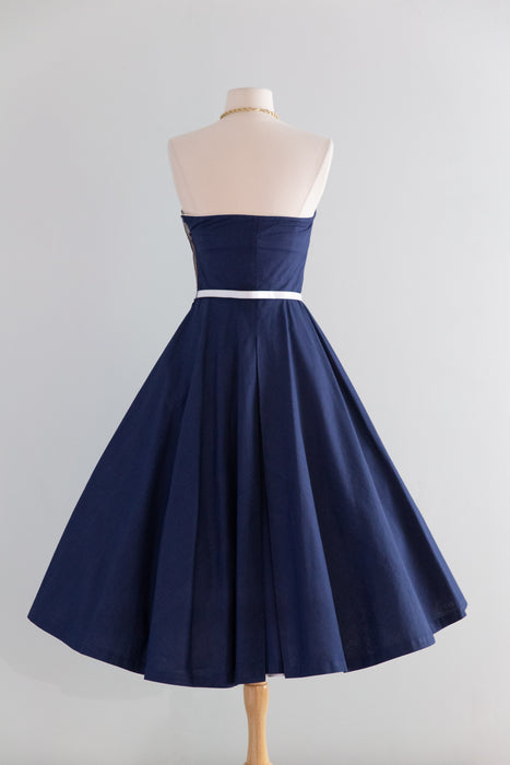 Fabulous 1950's Navy Blue Strapless Cotton Pique Sundress With Pockets / S