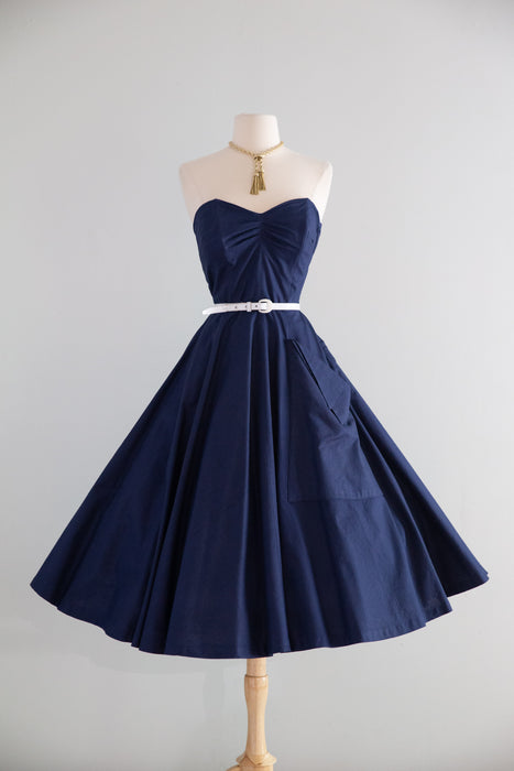 Fabulous 1950's Navy Blue Strapless Cotton Pique Sundress With Pockets / S