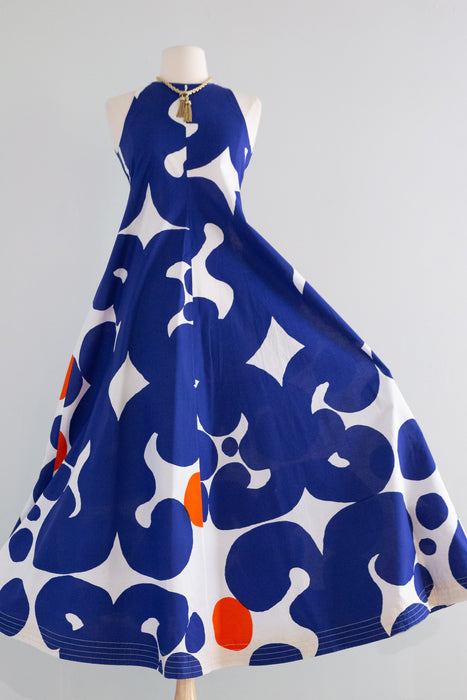 Iconic 1966 Keidas Oasis Print Maxi Dress By Marimekko In Blue & Orange / Small
