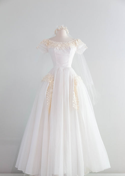 Exquisite 1950's Ivory Organza Princess Wedding Dress With Floral Lace Xtabay Vintage Exquisite 1950's Ivory Organza Princess Wedding Dress With Floral Lace Xtabay Vintage
