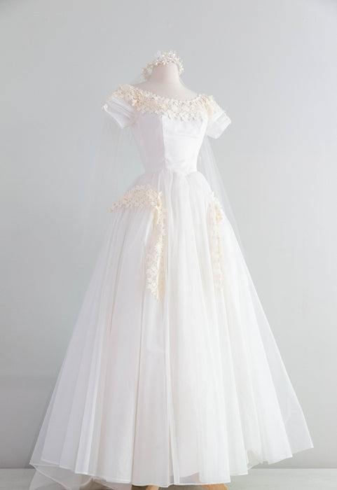 Exquisite 1950's Ivory Organza Princess Wedding Dress With Floral Lace Xtabay Vintage Exquisite 1950's Ivory Organza Princess Wedding Dress With Floral Lace Xtabay Vintage