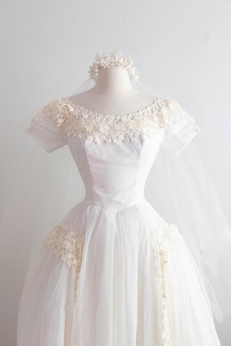 Exquisite 1950's Ivory Organza Princess Wedding Dress With Floral Lace Xtabay Vintage Exquisite 1950's Ivory Organza Princess Wedding Dress With Floral Lace Xtabay Vintage