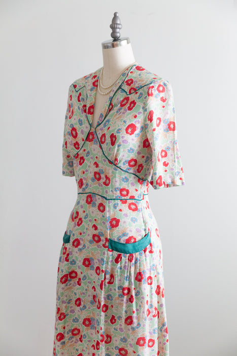 Romantic 1930's Poppy Print Soft Rayon Dress With Satin Trim / Small