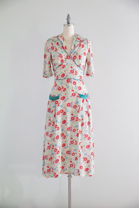 Romantic 1930's Poppy Print Soft Rayon Dress With Satin Trim / Small