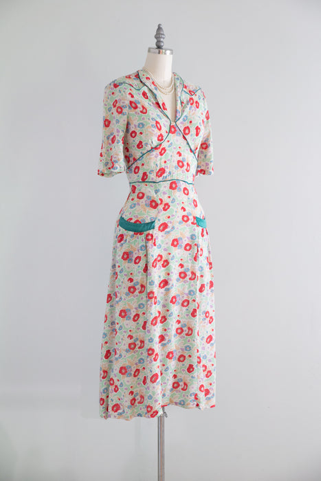 Romantic 1930's Poppy Print Soft Rayon Dress With Satin Trim / Small