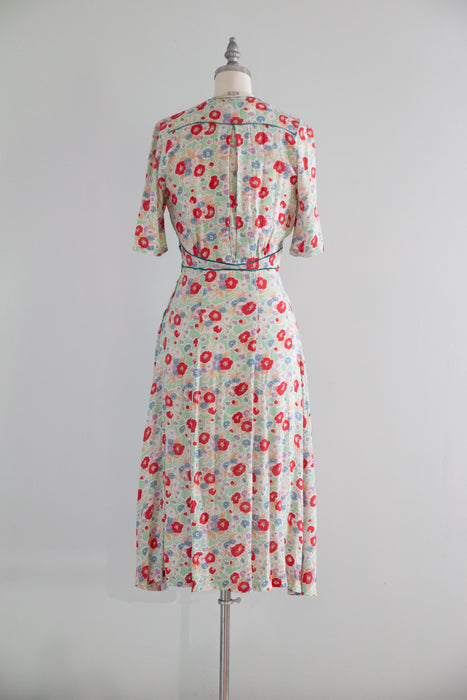 Romantic 1930's Poppy Print Soft Rayon Dress With Satin Trim / Small