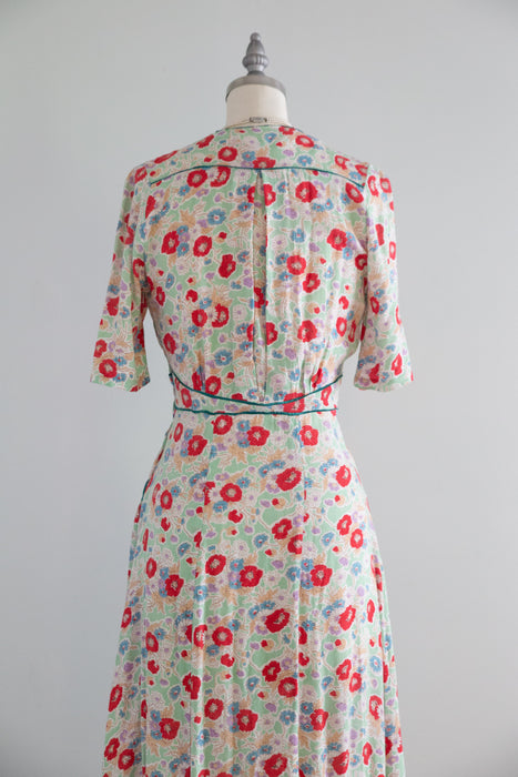 Romantic 1930's Poppy Print Soft Rayon Dress With Satin Trim / Small