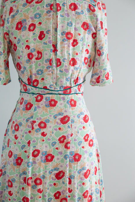 Romantic 1930's Poppy Print Soft Rayon Dress With Satin Trim / Small