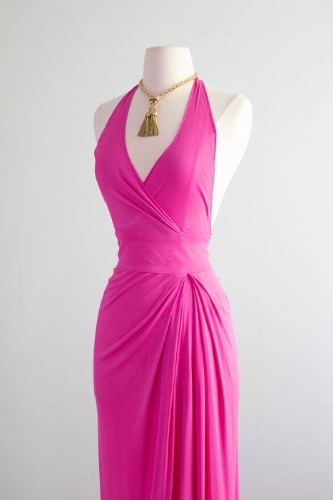 Rare 1970's Mia Vicky Vicky Tiel Shocking Pink Halter Dress / Small