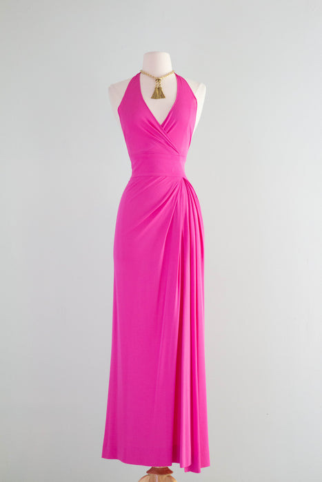 Rare 1970's Mia Vicky Vicky Tiel Shocking Pink Halter Dress / Small