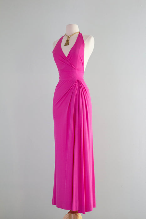 Rare 1970's Mia Vicky Vicky Tiel Shocking Pink Halter Dress / Small