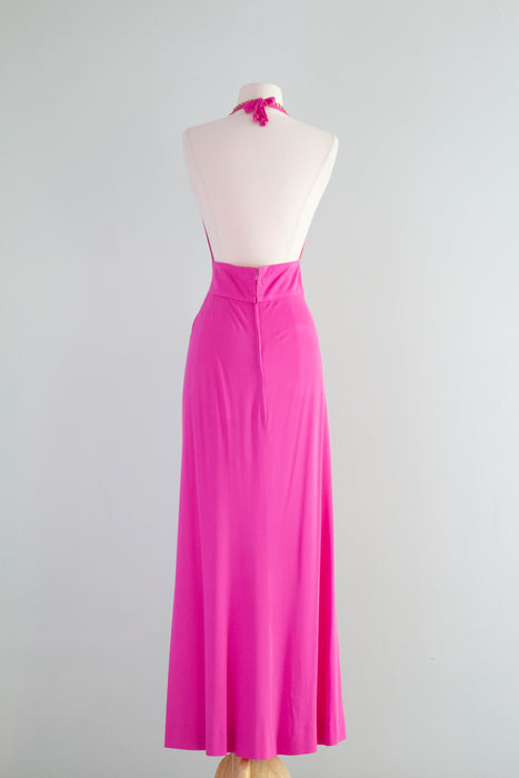 Rare 1970's Mia Vicky Vicky Tiel Shocking Pink Halter Dress / Small