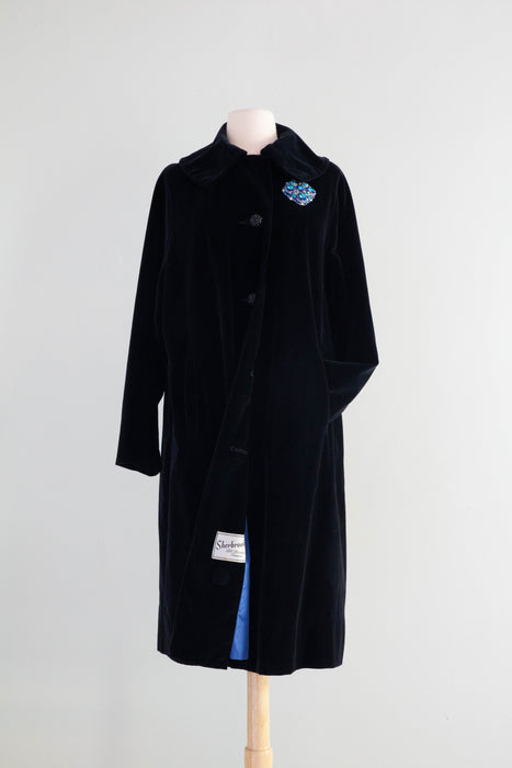Classic 1950's Black Velvet Evening Coat With Sapphire Blue Lining / ML
