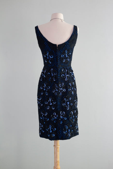 Glamorous 1950's Black & Blue Sequin Bombshell Wiggle Dress / Small