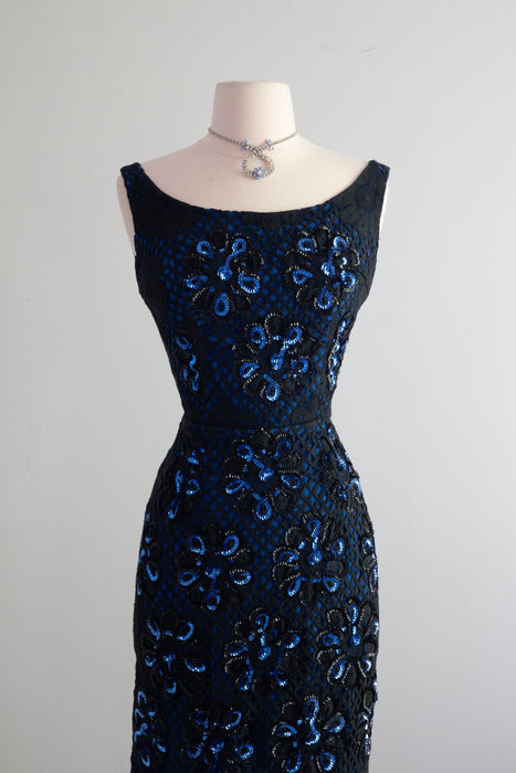 Glamorous 1950's Black & Blue Sequin Bombshell Wiggle Dress / Small