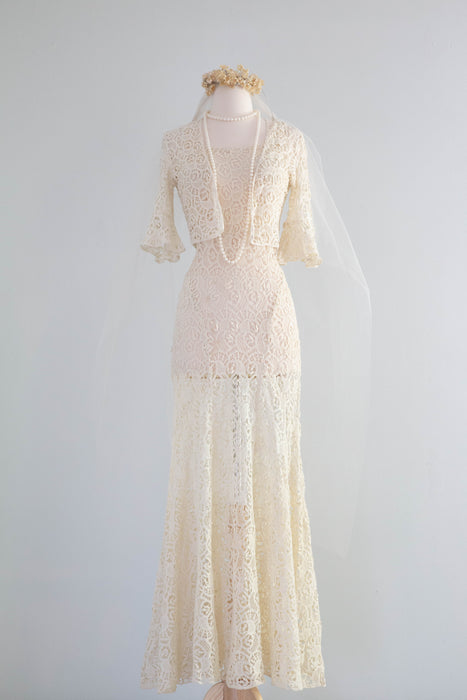 Stunning 1930's Crochet Lace Bias Cut Wedding Gown With Matching Jacket / SM