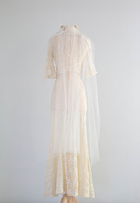 Stunning 1930's Crochet Lace Bias Cut Wedding Gown With Matching Jacket / SM