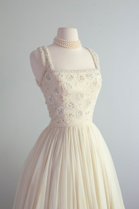 Heavenly 1950's Beaded Silk Chiffon Party Dress By Harvey Berin / XS