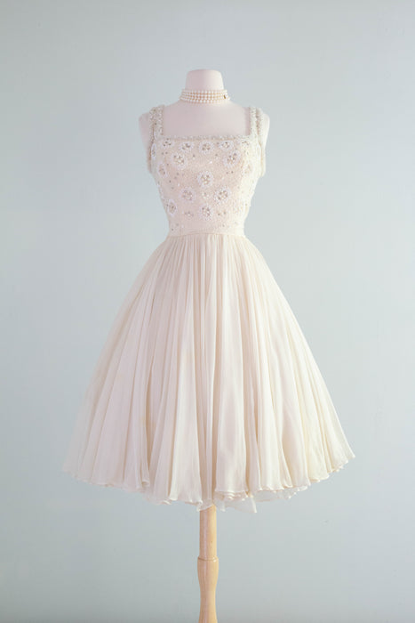 Heavenly 1950's Beaded Silk Chiffon Party Dress By Harvey Berin / XS