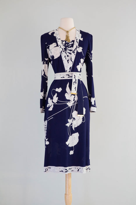 Sublime Vintage Leonard Paris Silk Jersey Dress In Navy & White / ML Xtabay Vintage Sublime Vintage Leonard Paris Silk Jersey Dress In Navy & White / ML Xtabay Vintage