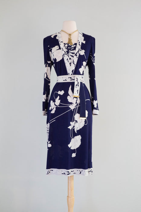jersey dress vintage Vintage 1970's Navy Blue Jersey Dress by Donald Brooks / M Xtabay Vintage