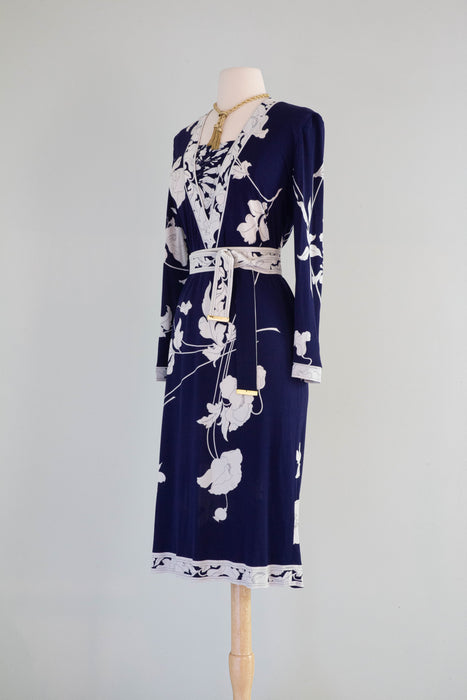 Sublime Vintage Leonard Paris Silk Jersey Dress In Navy & White / ML