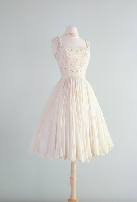 Heavenly 1950's Beaded Silk Chiffon Party Dress By Harvey Berin / XS