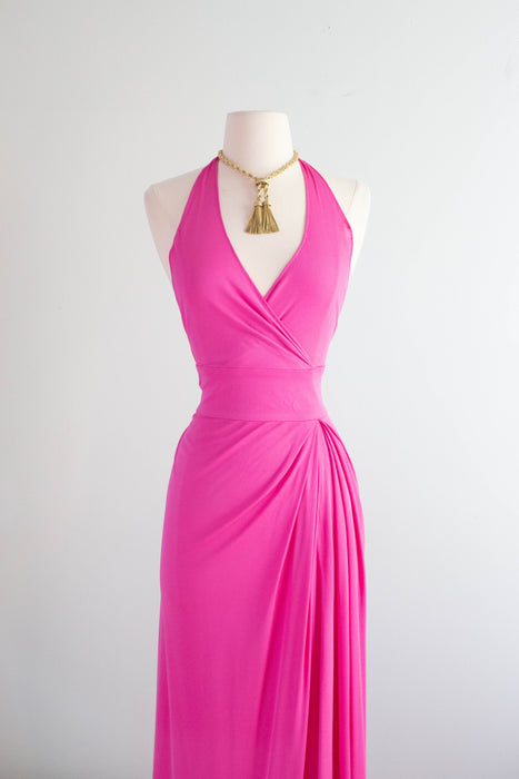 Rare 1970's Mia Vicky Vicky Tiel Shocking Pink Halter Dress / Small