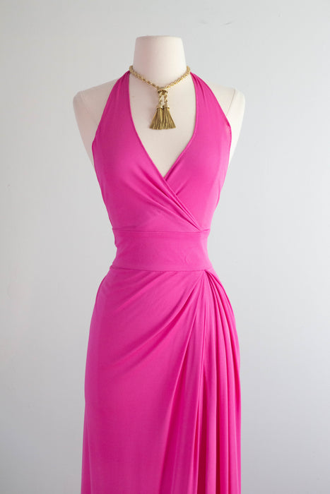 Rare 1970's Mia Vicky Vicky Tiel Shocking Pink Halter Dress / Small