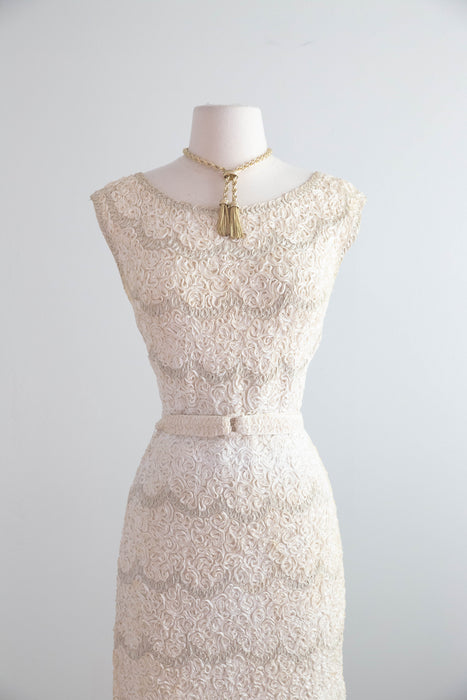 Elegant 1950's Caledonia Hand Loomed Ribbon Knit Dress & Matching Sweater / M