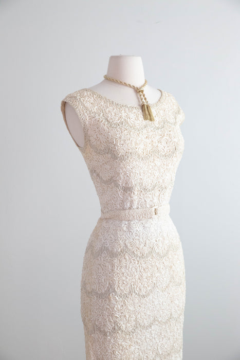 Elegant 1950's Caledonia Hand Loomed Ribbon Knit Dress & Matching Sweater / M