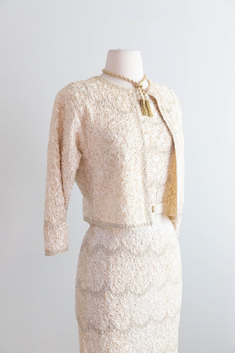 Elegant 1950's Caledonia Hand Loomed Ribbon Knit Dress & Matching Sweater / M