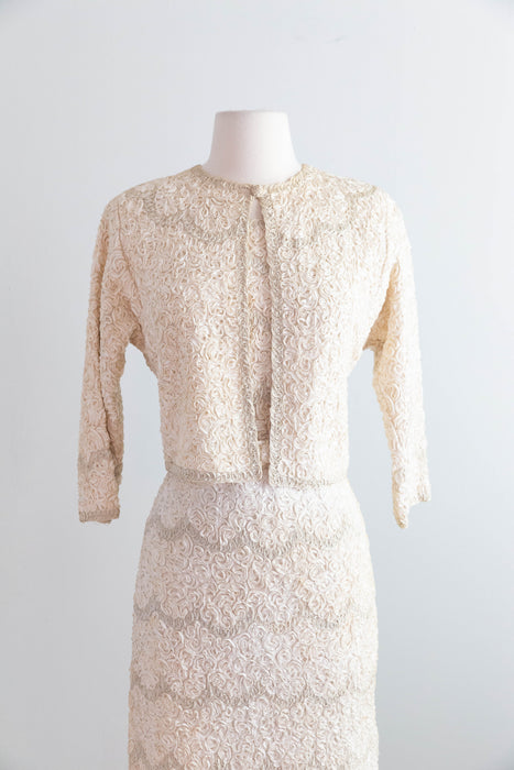 Elegant 1950's Caledonia Hand Loomed Ribbon Knit Dress & Matching Sweater / M