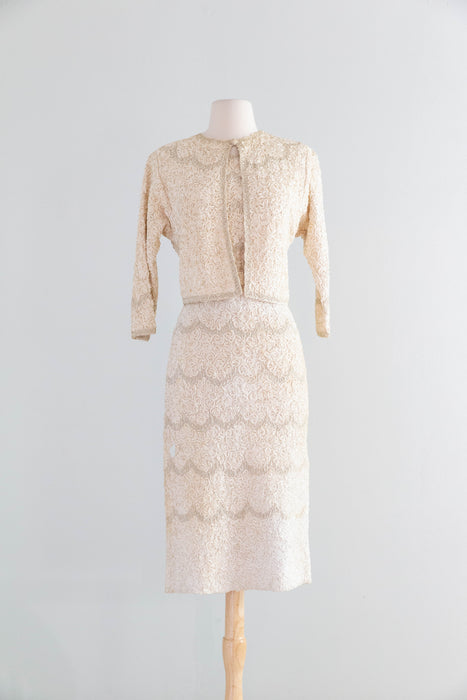 Elegant 1950's Caledonia Hand Loomed Ribbon Knit Dress & Matching Sweater / M