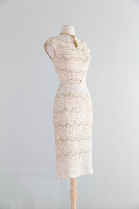 Elegant 1950's Caledonia Hand Loomed Ribbon Knit Dress & Matching Sweater / M